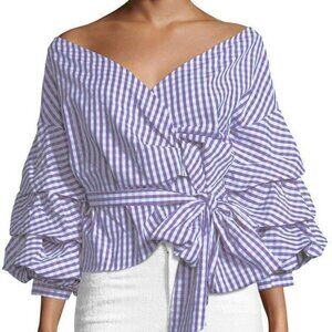 Luxe by Stylekeepers Flutter Sleeve Off the Shoulder Purple Gingham Blouse
